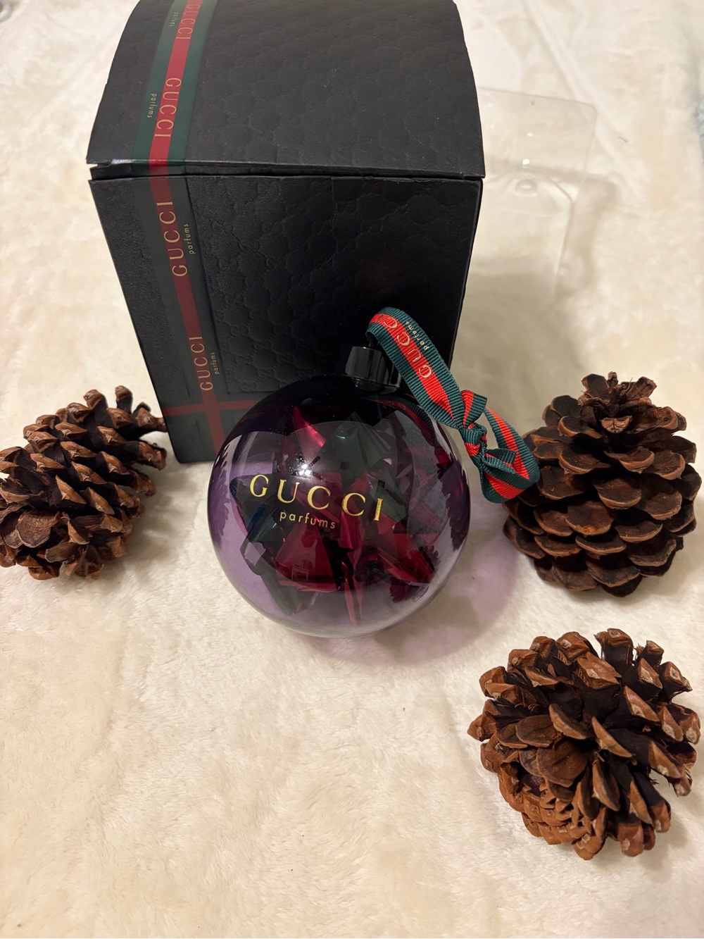 Gucci Purple Glass Ornament with Red-Green Signature Ribbon